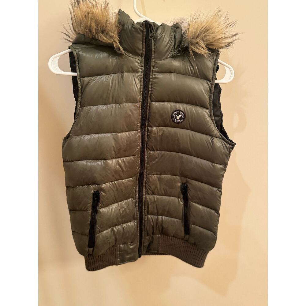 American Eagle Down Puffer‎ Vest Faux Fur Hat Women's Small Teen Olive Green